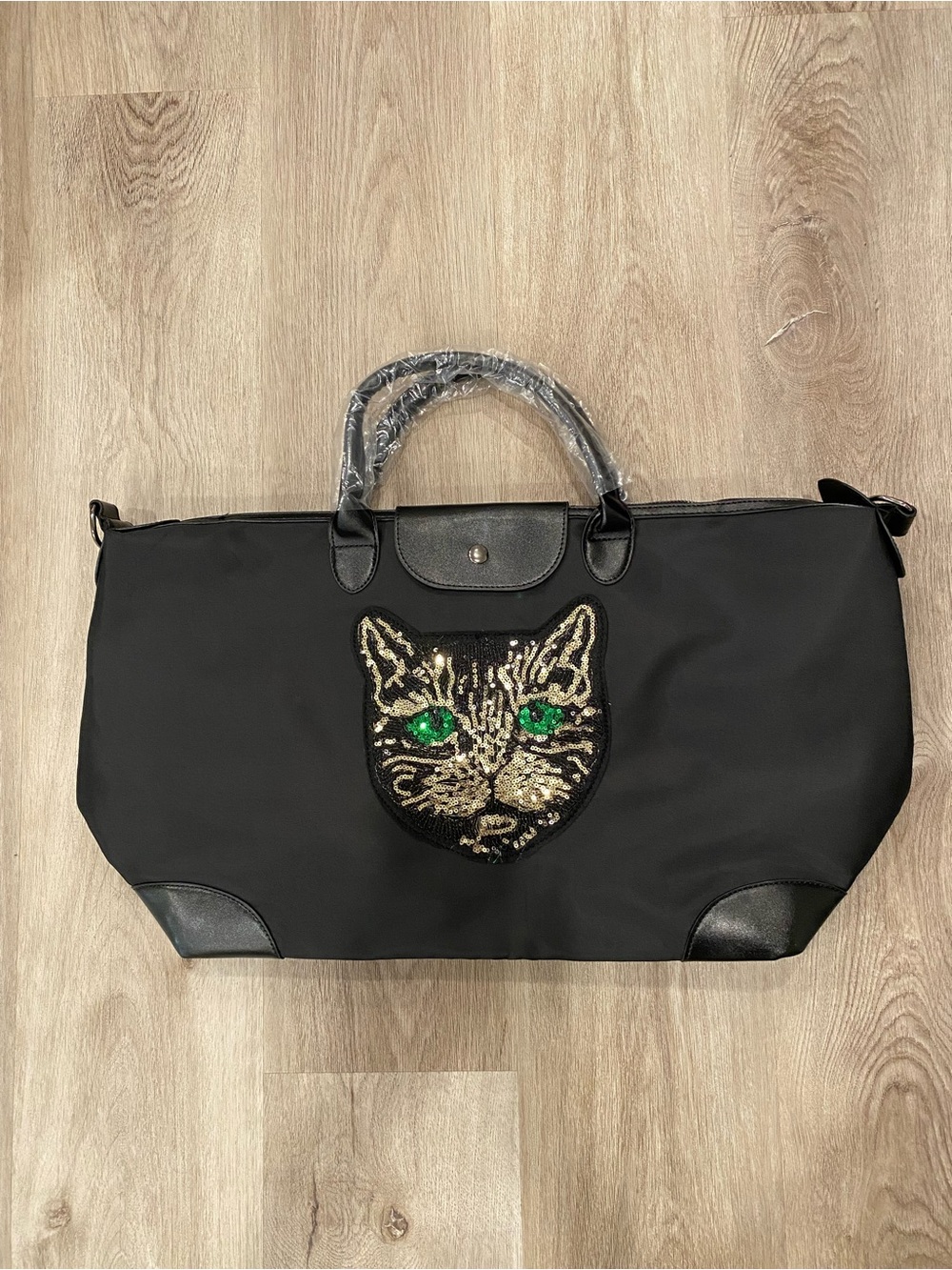 Sequin Cat Nylon & Leather Zipped Bag Satchel in Black with Shoulder Strap NWOT